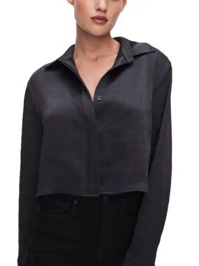 Good American Black Satin Cropped Button-Down Blouse
